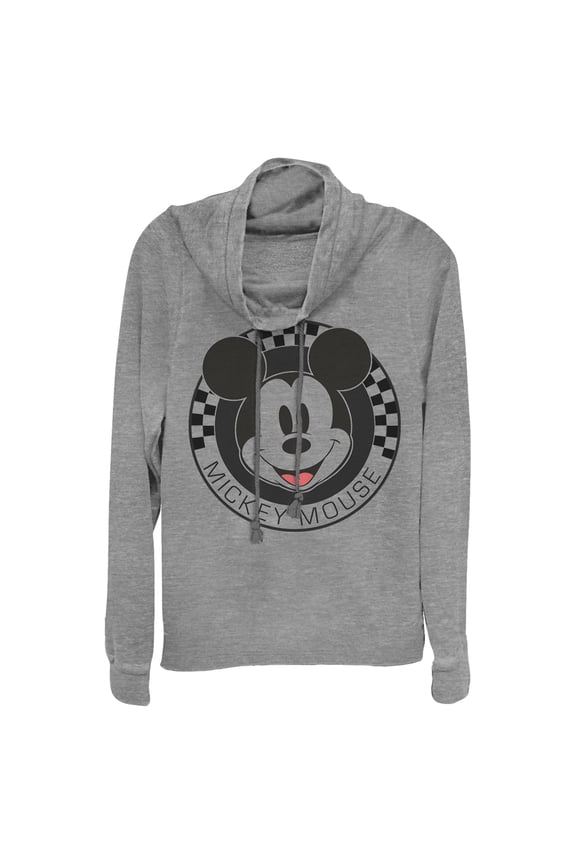 Junior's Mickey & Friends Checkered Mickey Mouse Portrait Cowl Neck Sweatshirt Gray Heather Large