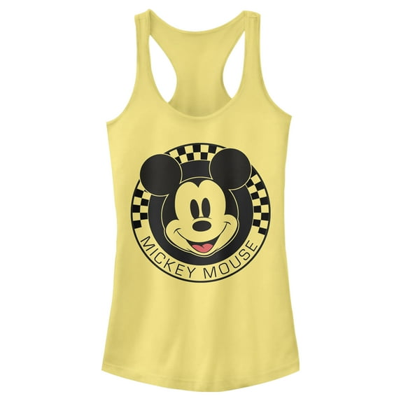 Junior's Mickey & Friends Checkered Mickey Mouse Portrait Racerback Tank Top Banana 2X Large