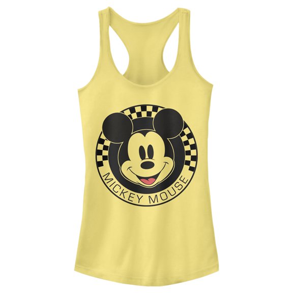 Junior's Mickey & Friends Checkered Mickey Mouse Portrait Racerback Tank Top Banana Large