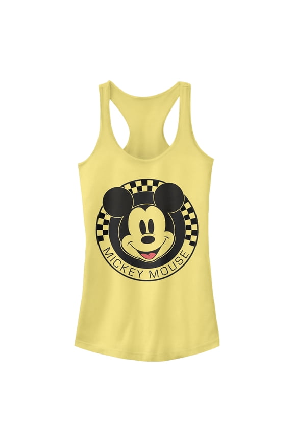 Junior's Mickey & Friends Checkered Mickey Mouse Portrait Racerback Tank Top Banana Medium