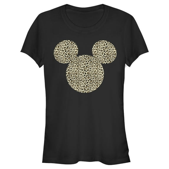 Junior's Mickey & Friends Cheetah Print Mickey Mouse Logo Graphic Tee Black Small