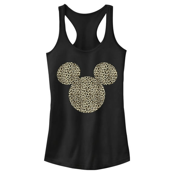 Junior's Mickey & Friends Cheetah Print Mickey Mouse Logo  Racerback Tank Top Black X Small