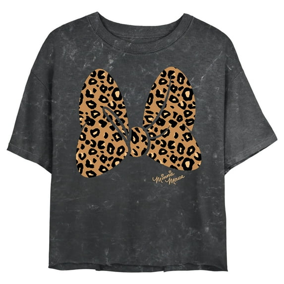 Junior's Mickey & Friends Cheetah Print Minnie Mouse Bow Crop Graphic Tee Black Medium
