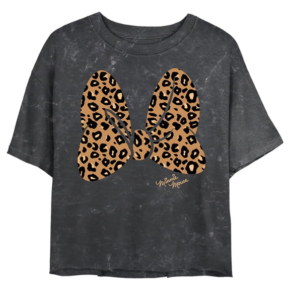 Junior's Mickey & Friends Cheetah Print Minnie Mouse Bow Crop Graphic Tee Black Small