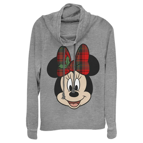 Junior's Mickey & Friends Christmas Minnie Mouse Holly Plaid Bow  Cowl Neck Sweatshirt