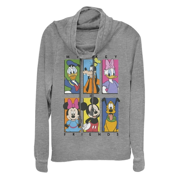 Junior's Mickey & Friends Colorful Character Panels Cowl Neck Sweatshirt