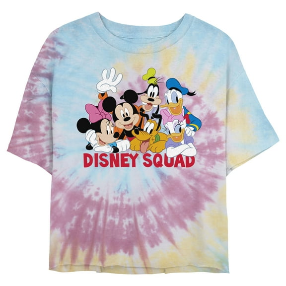 Juniors' Mickey & Friends Disney Squad Group Shot Graphic Cropped T-Shirt Blue/Pink/Light Yellow Large