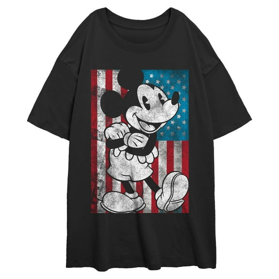 Junior's Mickey & Friends Distressed American Flag Graphic Oversized T-Shirt