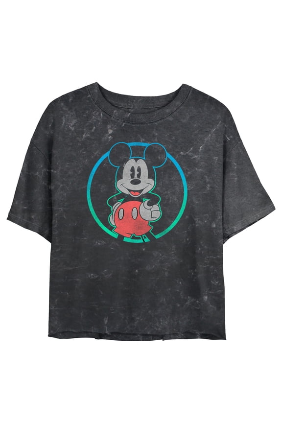 Junior's Mickey & Friends Distressed Circle Graphic Crop T-Shirt Black 2X Large