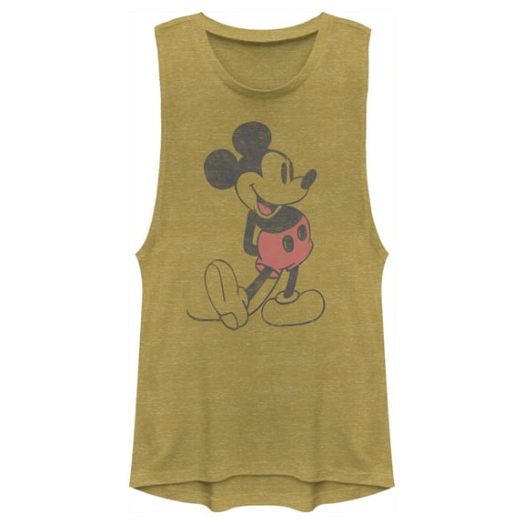 Junior's Mickey & Friends Distressed Mickey Mouse Pose Festival Muscle Graphic Tee Gold Heather Large