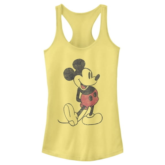 Junior's Mickey & Friends Distressed Mickey Mouse Pose Racerback Tank Top Banana Large