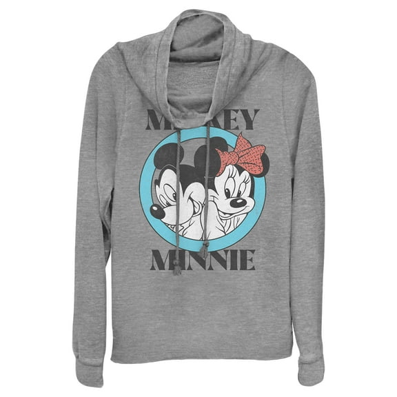 Junior's Mickey & Friends Distressed Mickey and Minnie Circle Logo Cowl Neck Sweatshirt Gray Heather 2X Large