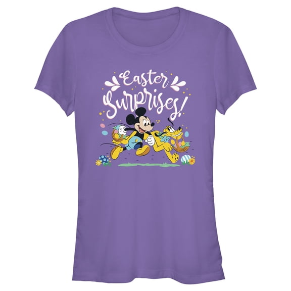 Junior's Mickey & Friends Easter Surprises Mousey and Pluto  Graphic Tee Purple Large