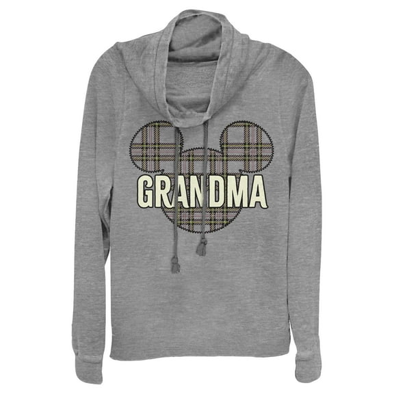 Junior's Mickey & Friends Grandma Plaid Logo  Cowl Neck Sweatshirt