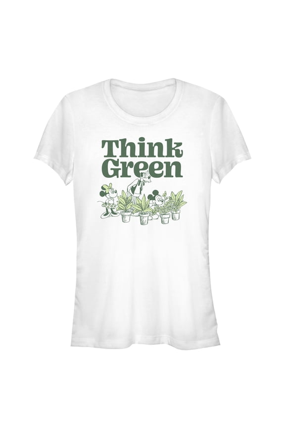 Junior's Mickey & Friends Green Think Plant Lovers Graphic Tee White Large