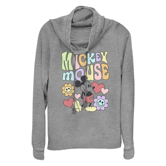 Junior's Mickey & Friends Groovy Hearts and Smilies Logo  Cowl Neck Sweatshirt