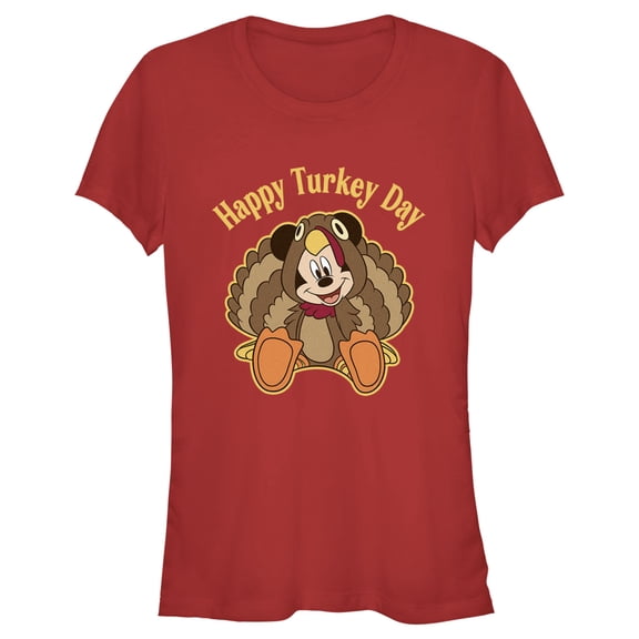Junior's Mickey & Friends Happy Turkey Day Graphic Tee Red Medium