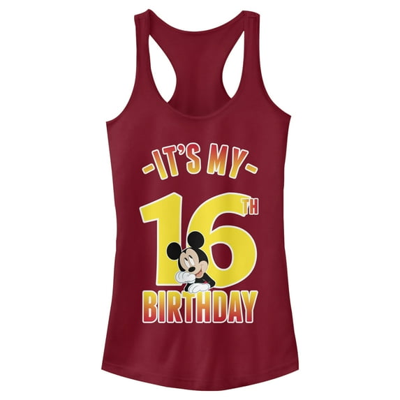 Junior's Mickey & Friends It's My 16th Birthday Racerback Tank Top Scarlet Small