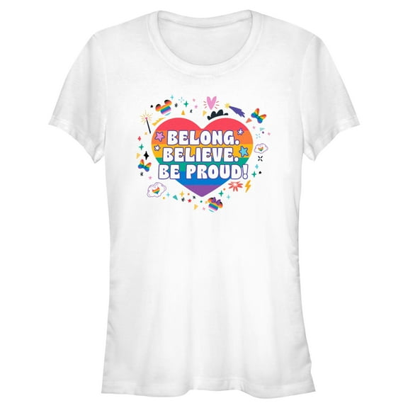 Junior's Mickey & Friends LGBTQIA+ Pride Belong Believe Be Proud  Graphic Tee White Medium