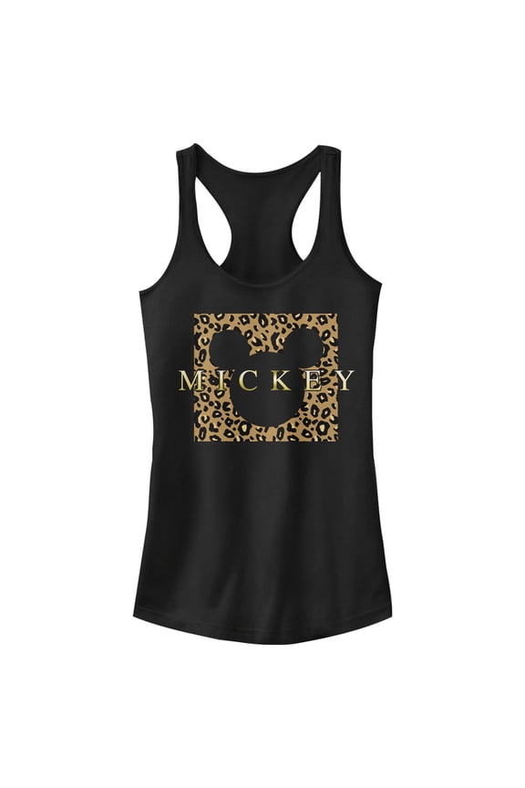 Junior's Mickey & Friends Leopard Square Racerback Tank Top Black X Small