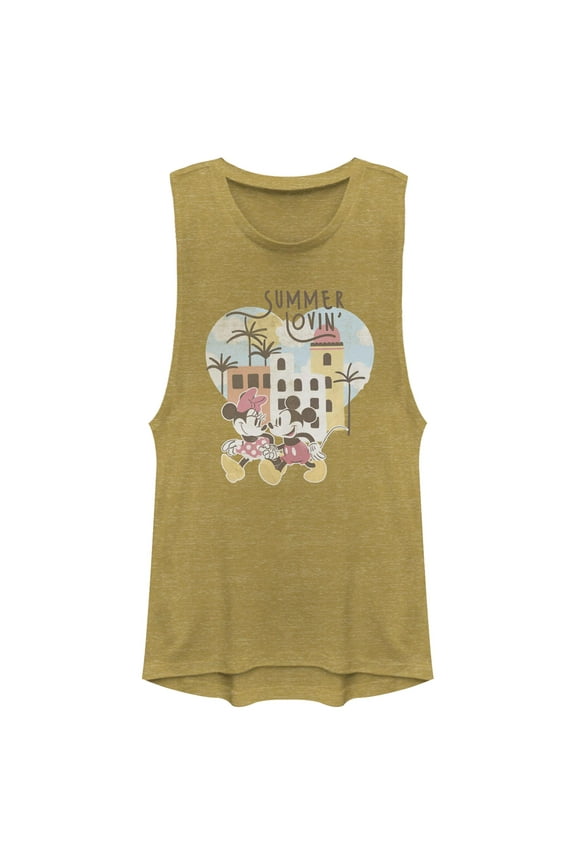 Junior's Mickey & Friends Mickey and Minnie Summer Lovin Festival Muscle Graphic T-Shirt