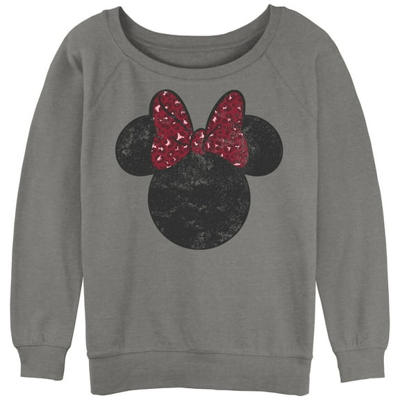 Junior's Mickey & Friends Minnie Mouse Distressed Leopard Bow Sweatshirt