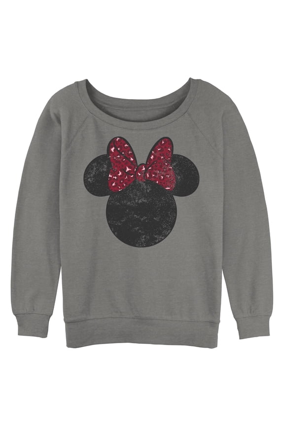 Junior's Mickey & Friends Minnie Mouse Distressed Leopard Bow Sweatshirt
