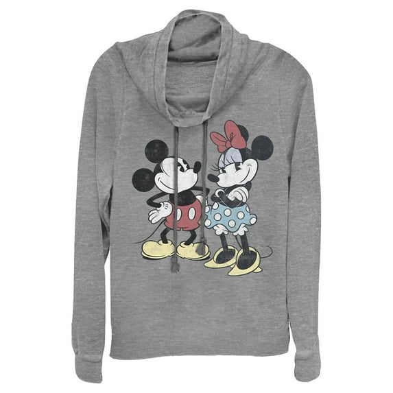 Junior's Mickey & Friends & Minnie Vintage Couple Cowl Neck Sweatshirt Gray Heather 2X Large