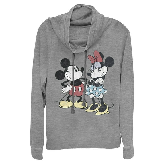 Junior's Mickey & Friends & Minnie Vintage Couple Cowl Neck Sweatshirt Gray Heather Large