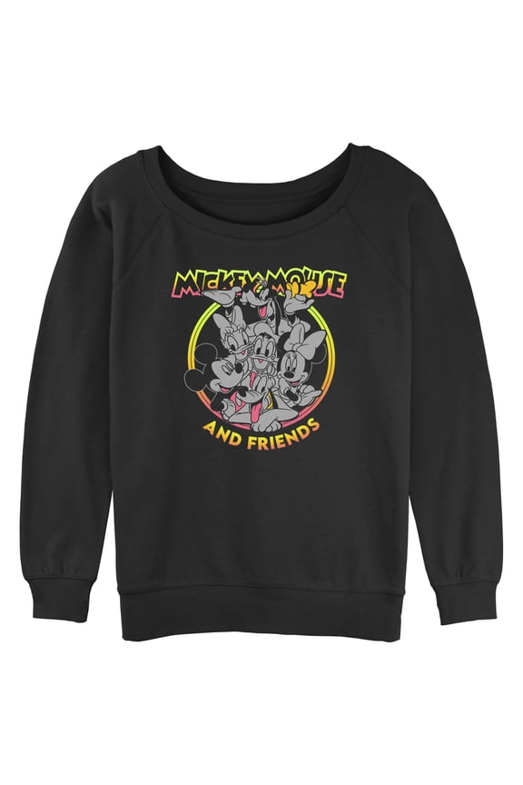 Junior's Mickey & Friends Neon Crew Circle Sweatshirt Black Large