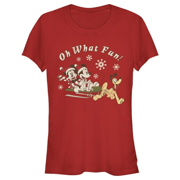 Junior's Mickey & Friends Oh What Fun Sled  Graphic Tee Red Small
