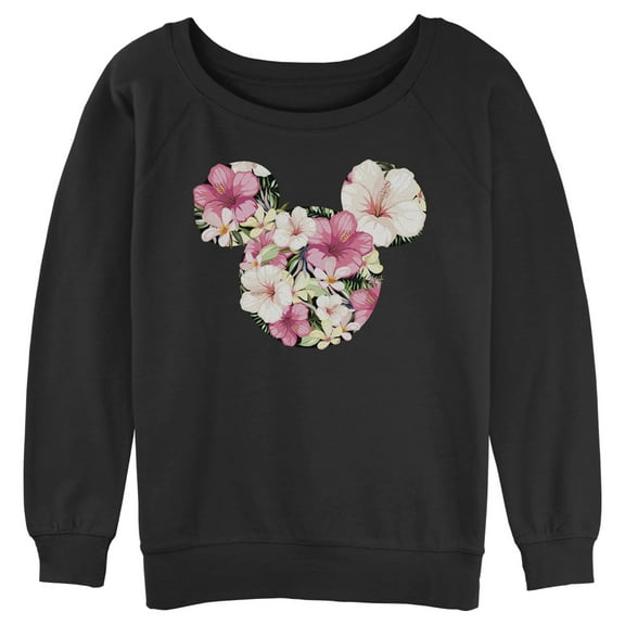 Junior's Mickey & Friends Pink Floral Logo  Sweatshirt Black Large