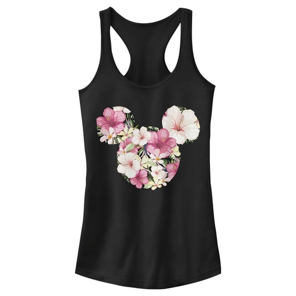 Junior's Mickey & Friends Pink Floral Mickey Mouse Logo Racerback Tank Top Black X Small