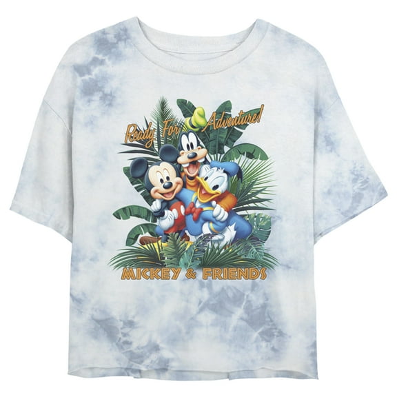 Junior's Mickey & Friends Ready For Adventure Tropical Crop Graphic Tee White/Blue Small