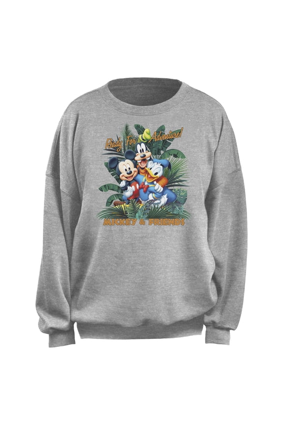 Junior's Mickey & Friends Ready For Adventure Tropical Group Sweatshirt Heather Gray Small