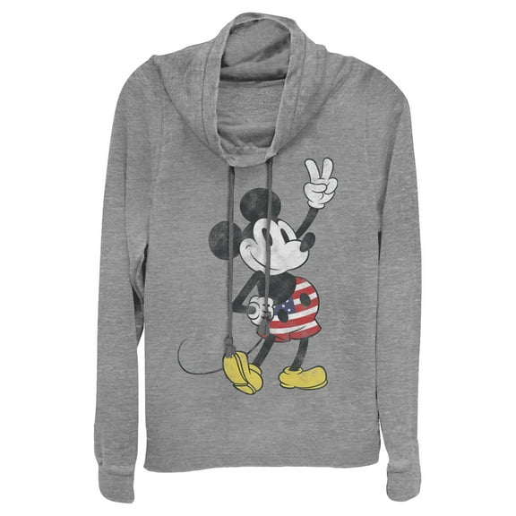 Junior's Mickey & Friends Retro American Peace Sign  Cowl Neck Sweatshirt Gray Heather 2X Large
