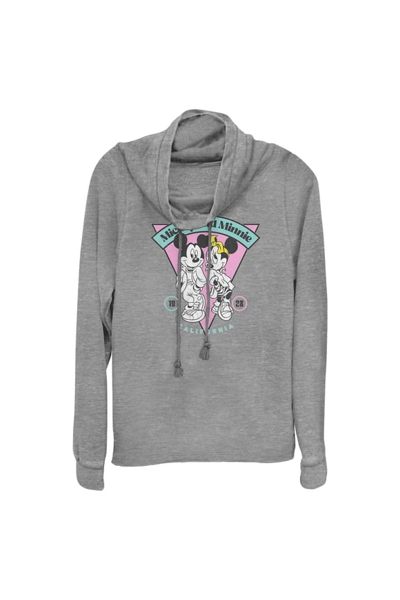 Junior's Mickey & Friends 80s Mickey and Minnie California Logo Cowl Neck Sweatshirt Gray Heather Medium