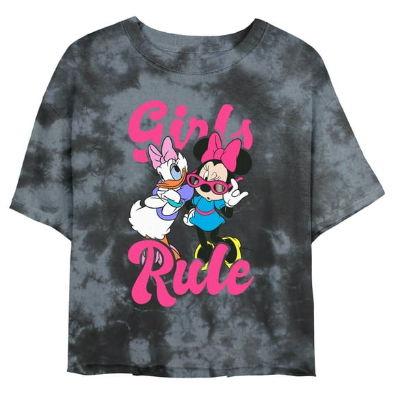 Junior's Mickey & Friends Retro Daisy and Minnie Girls Rule Graphic Crop T-Shirt Black/Charcoal Small