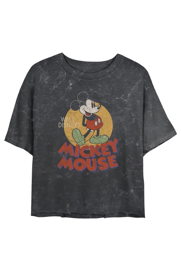 Junior's Mickey & Friends Retro Distressed Spotlight Crop Graphic Tee Black Medium