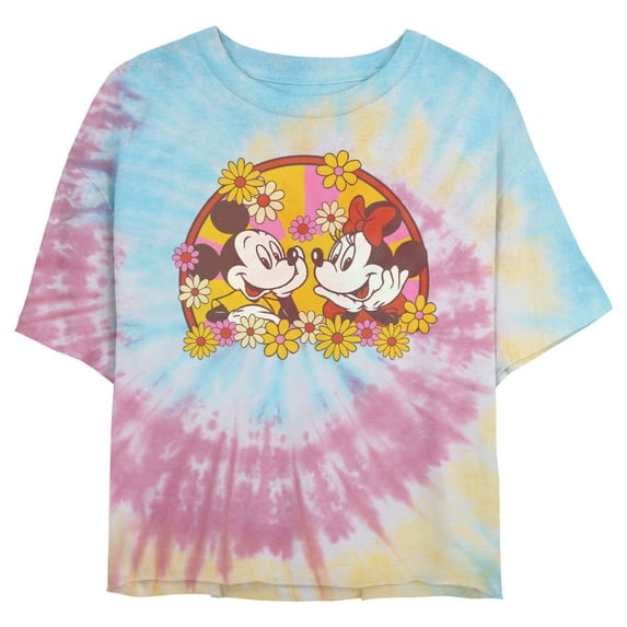 Juniors' Mickey & Friends Retro Floral Couple Graphic Cropped T-Shirt Blue/Pink/Light Yellow Large