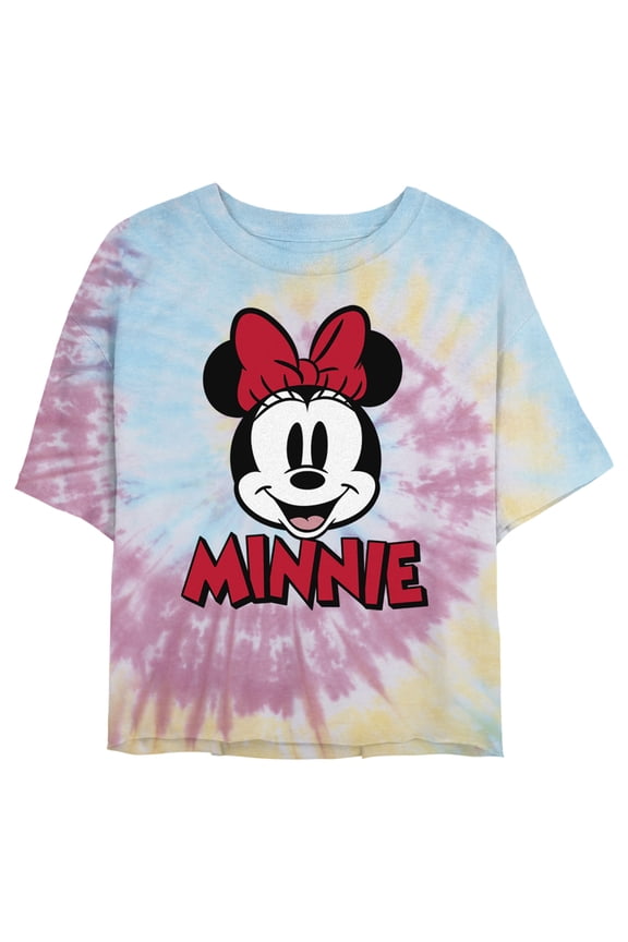 Juniors' Mickey & Friends Retro Minnie Mouse Big Face Graphic Cropped T-Shirt Blue/Pink/Light Yellow Medium