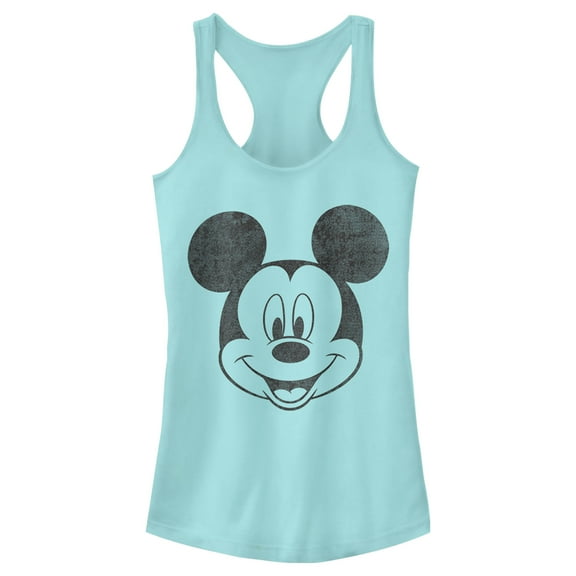 Junior's Mickey & Friends Smiling Mickey Mouse Distressed  Racerback Tank Top Cancun Small