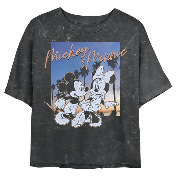 Junior's Mickey & Friends Sunset Palm Trees Mickey and Minnie Crop Graphic Tee Black X Large