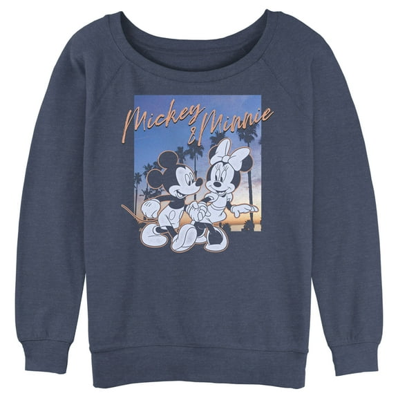 Junior's Mickey & Friends Sunset Palm Trees Mickey and Minnie  Sweatshirt Blue Heather Large