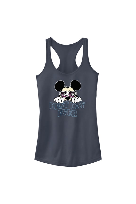 Junior's Mickey & Friends Tropical Best Day Ever Racerback Tank Top Indigo Small
