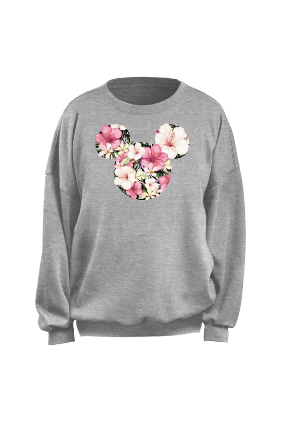 Junior's Mickey & Friends Tropical Flowers Silhouette Logo Sweatshirt Heather Gray Medium