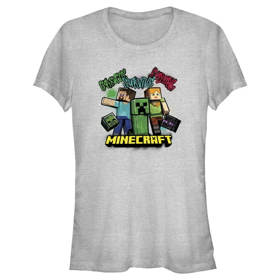 Junior's Minecraft Create Survive Explore Alex and Steve  Graphic Tee Athletic Heather 2X Large