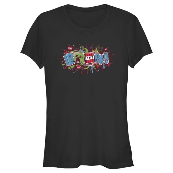 Junior's Minecraft Creeper Boom Colorful Graphic Tee Black X Large
