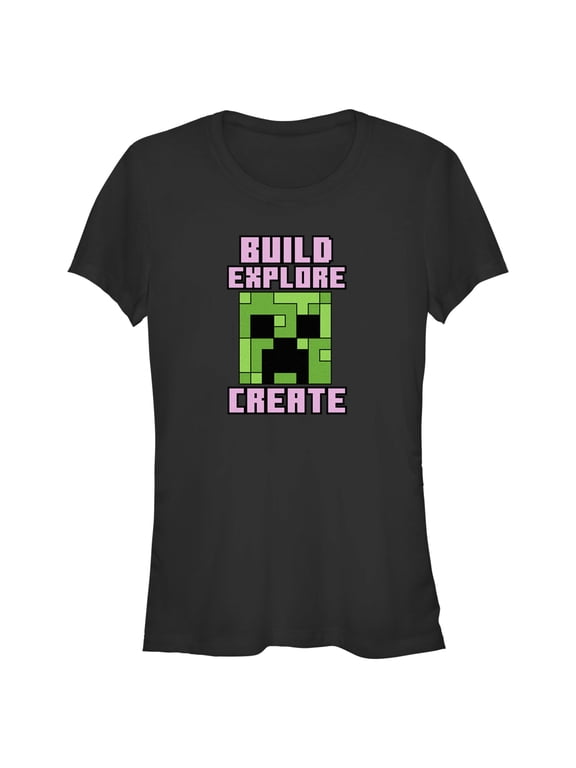 Junior's Minecraft Creeper Face Build Explore Create Graphic Tee Black 2X Large