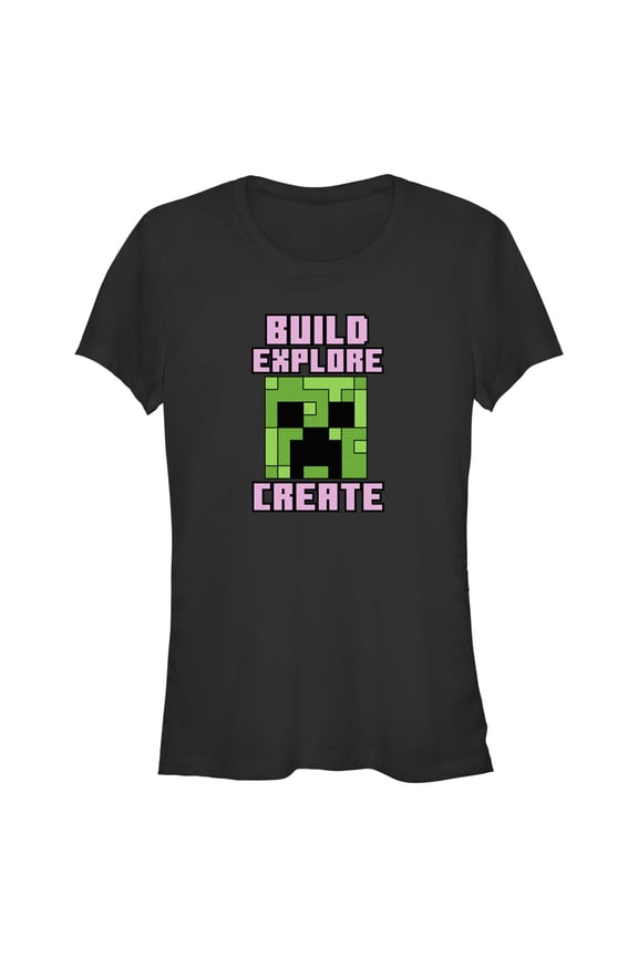 Junior's Minecraft Creeper Face Build Explore Create Graphic Tee Black Medium